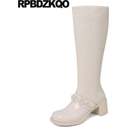 High Heel Shoes Chunky Patent Leather Women Bridesmaid Knee Beige Round Toe Tall Flower Bride Wedding Gogo Boots Winter Bridal