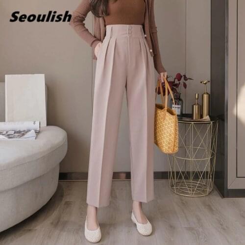 Seoulish Spring Summer 2021 New Womens Formal Harem Pants Pockets High Waist Elegant Office Lady Button Ankle-Length Pants