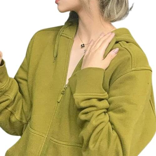 Women’s Casual Long-sleeved Cardigan Fashion Solid Color Loose Zipper Hooded Sweatshirt