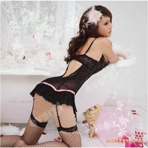 Women Erotic Sex Translucent Sleeveless Black Nightwear Underwear Dress + Garters + G-String Sexy Lingerie