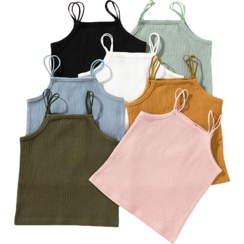 Girls Vest Summer 2021, Childrens Solid Color Ribbed Sling Tops Tight Sleeveless Shirt Camisole for Kids Daily Wear