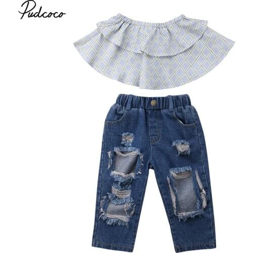 2018 Brand New Fashion Toddler Kid Girl Off shoulder Layered Tank Tops+Denim Pant Hole Ripped Jean 2PCS Summer Children Clothing