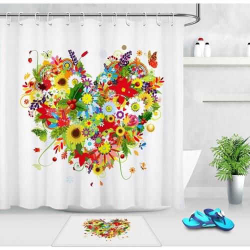 2pcs Creative Valentines Day Bathroom Shower Curtain Waterproof Mildew Resistant Bathtub Bath Curtains Set with Non-slip Mat