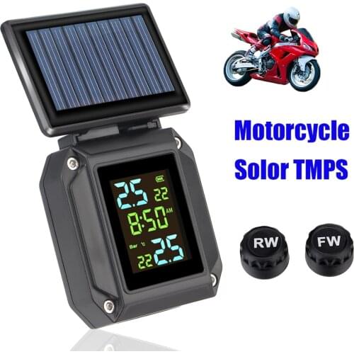2 External Sensors Tire Pressure Monitoring System LCD Display Motorcycle TPMS Solor USB Charge Tyre Temperature Alarm
