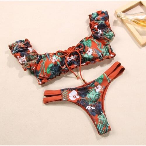 2021 Bandeau Bikinis Brazilian Push Up Swimsuit Female Folds Biquini Sexy Print Swimwear Women One Shoulder Bandage Bikinis Sets