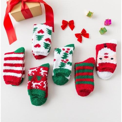 3 Pairs New Winter Thick Warm Christmas Socks Happy Coral Fleece Cute Soft Female Socks Elk Christmas Tree Print Child Long Sock