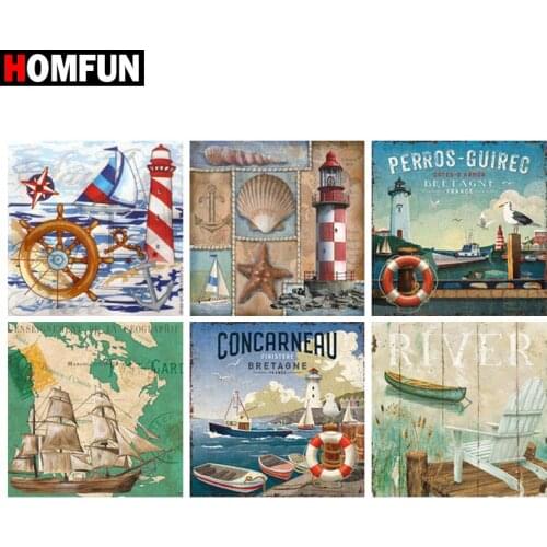 HOMFUN Diy Full Square Round Drill 5D Diamond Painting Cross Stitch Diamond Embroidery "Seascape boat tower text"Home Decor Gift