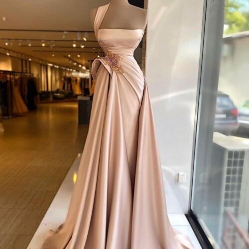 One Shoulder Satin A Line Evening Dress Side Split Ruched Beading Prom Gowns Sequins Sexy Party Dress