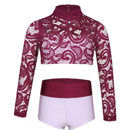 Kids Girls Dance Costume Dancewear Long Sleeves Criss Cross Crop Top with Briefs Outfit Set Dancewear for Dancing Performance