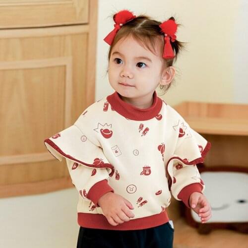 Baby Girls Thicken Sweatshirts Autumn Winter New Kids Fashion Print Pullover Korean Lace O-neck Plus Velvet Warm Hoodie For Girl