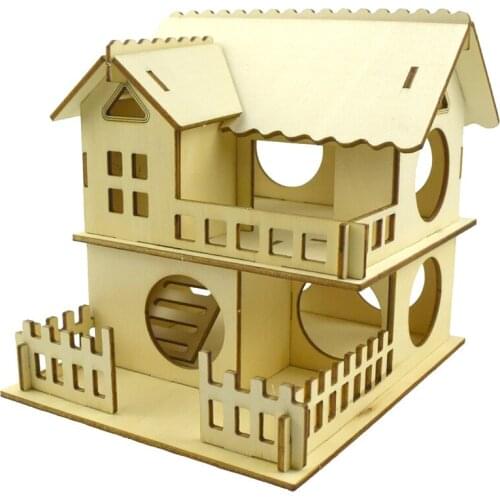 Hamster House Wooden Double Storey Villa For Small Pet Climbing Frame Guinea Pig Hideout Hut Assemble Cage Hamster Accessories