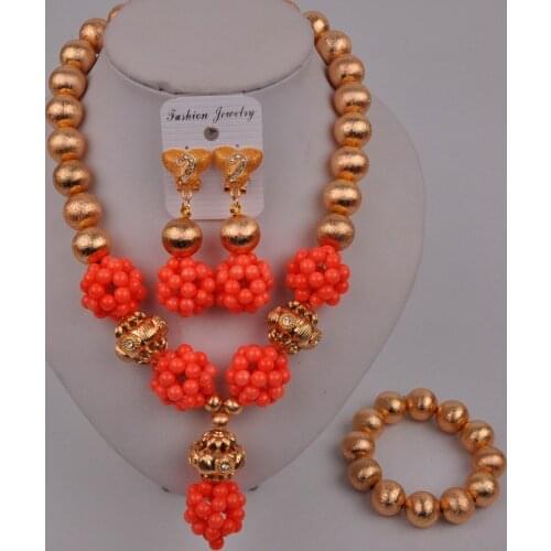 Dubai Gold Costume Necklace Pink Coral African Jewelry Set Nigerian Coral Jewelry Bridal Set 46-AB-01