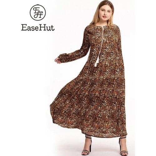 EaseHut Women Plus Size Dress Leopard&Snake&Chain Print O-Neck Drawstring Long Sleeves High Waist Loose Spring Maxi Long Dress