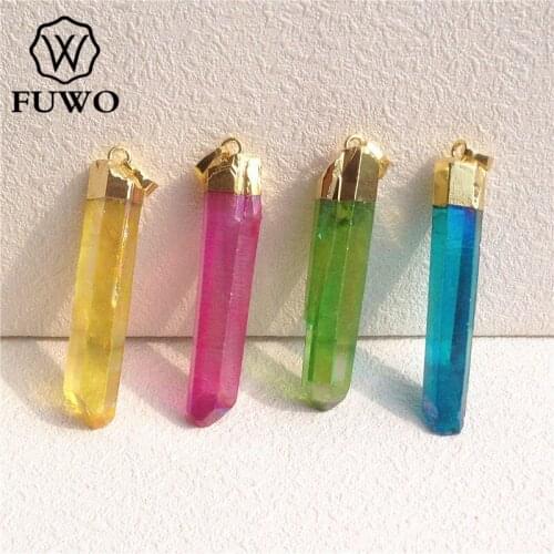 FUWO Aura Crystal Point Pendant Multi Faceted Multicolor Quartz With 24K Gold Electroplated Spike Jewelry Wholesale PD086