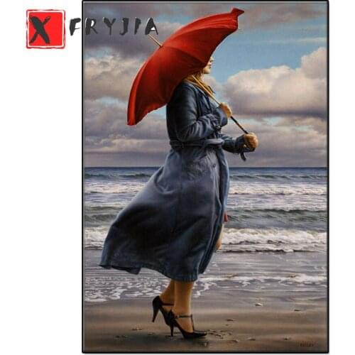 Full square/round drill Beautiful woman with umbrella walking on the beach diy diamond painting cross stitch diamond home decor