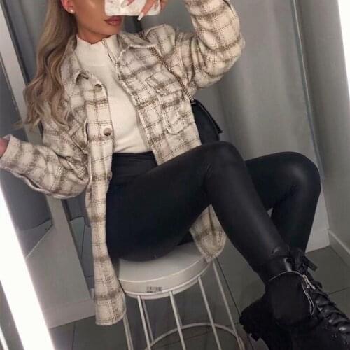 Nice Vintage Woman Loose Camel Old School Plaid Shirt Fad Fashion Ladies Autumn Oversized Outwear Female Casual Pocket Jackets