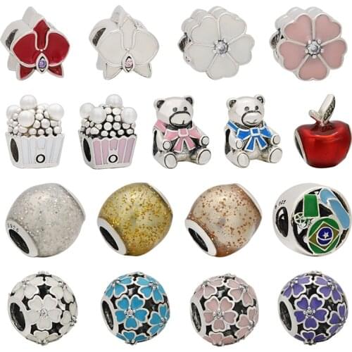 Lomeo 925 silver Enamel Primrose Orchid Bow Teddy Bear Popcorn Snow White Red Apple Charm Fit for European DIY Ladies Bracelet