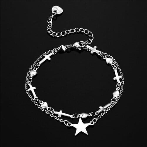Layered Link Chain Stainless Steel Bracelet for Women Love Heart Pentacle Star Charm Bracelet Womens Wristband Hand Jewelry