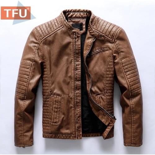 TFU Mens Men 2021 Autumn Motor Casual Vintage Leather Jacket Coat Men Winter Classic Fashion Pocket Faux Leather Jackets Men