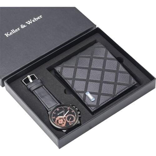 Keller & Weber Quartz Men Watch Purse Gift Sets PU Leather Short Folding Wallet Birthday/Thanksgiving Gift Male Present Box Set