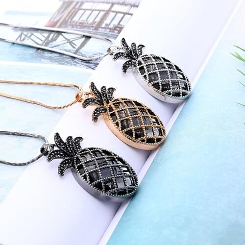 Big Glass Black Crystal Pineapple Pendant Necklace For Women Gold Color Long Sweater Necklace Fashion Jewelry 2019 New Trendy