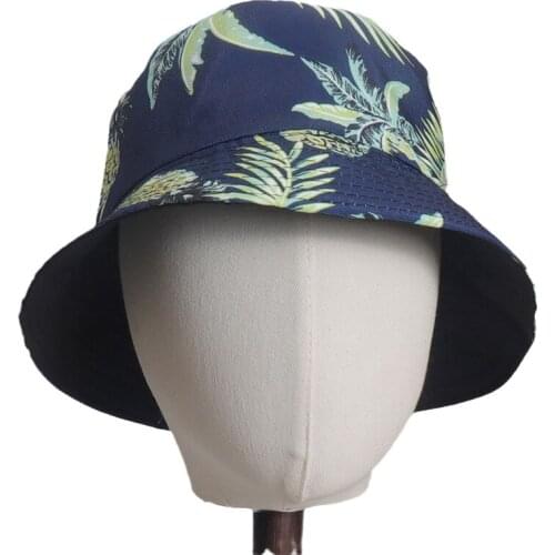 Unisex Bucket Hats Double-Side-Wear Print Pineapple Leave Black Reversible Fisherman Hat Chapeau Cap Cotton Print Foldable Women