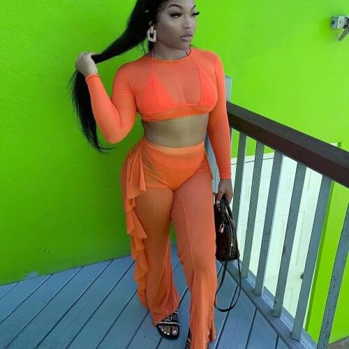 Perspective Mesh Sheer 2 Piece Sets Womens Outfits Sexy Crop Top and Ruffles Pants Matching Sets Party Club Birthday Outfits