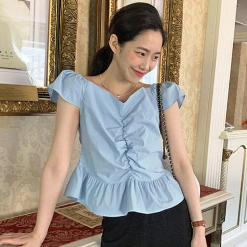 Korean Chic Niche Design Soft Blue Milky Thin V-Neck Leaking Collarbone Folds Ruffled Flying Sleeve Shirt