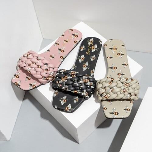 2021 Women Woven Slippers Women Slip On Slides Fashion Brand Square Toe Sandals Leather Woven Flip Flops Beach Summer Slippers