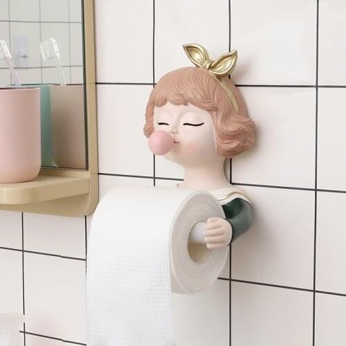 Resin Hotel Roll Tissue Kitchen Toilet Paper Holder Home Wall Mounted Cute Girl Office Punch Free Cartoon Self Adhesive Bathroom
