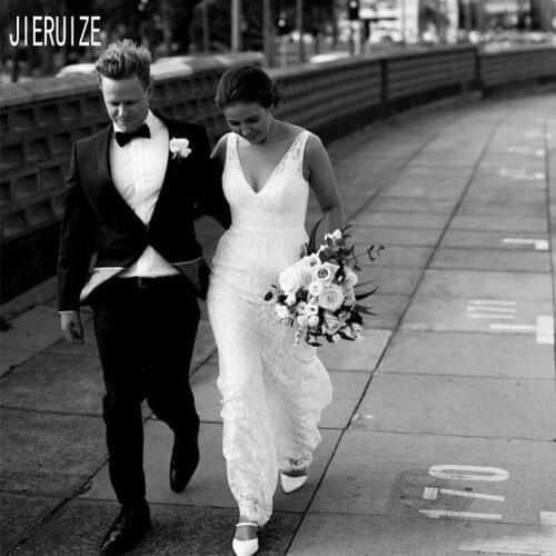 JIERUIZE Boho Mermaid Wedding Dresses V Neck Sleeveless Sexy Backless Bridal Dresses Full Lace Wedding Gowns vestido de noiva