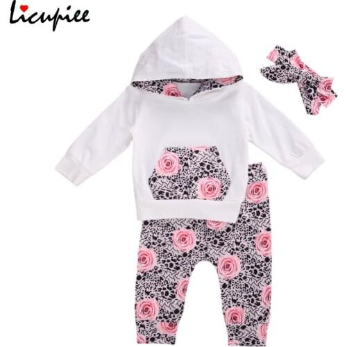 Baby Girl Hooded Sweater + Printed Trousers + Bow Headband, Sweet Style with Big Pocket Spring Outfit 0-24 Months