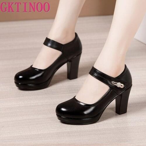 GKTINOO Women Casual Sexy Leather High Quality High Heel Pumps Shoes Thick Heels Platform Pumps Ankle Work Buckle Strap Shoes