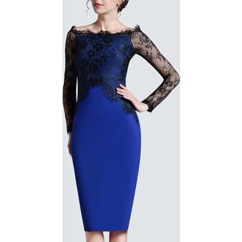 Vintage Chic Lace Patchwork Slim Bodycon Plus Size Business Elegant Women Slash Neck Pencil Dress H803