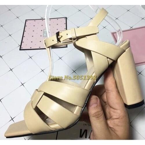 Block High Heel Women Sandals Square Toe Ankle Strap Matte Leather Real Picture Nude Summer ladies Shoes Candy Color Dress Shoes