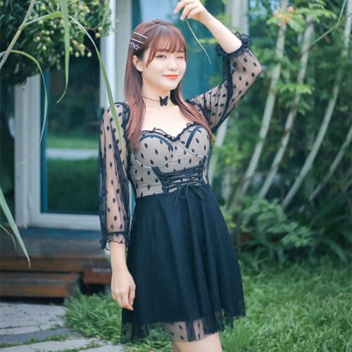 XL-6XL Large Size New Mesh Long-Sleeved High-Waist Polka-Dot Printed Covering Belly Loose Backless Gentle Wind Fat Girl Swimsuit