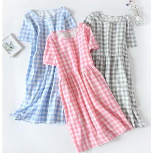 SpringSummer Ladies Pajamas Pure Cotton Gauze Soft Plaid Short Sleeve Night Skirt Women Loose Thin Comfortable Casual Home Skirt