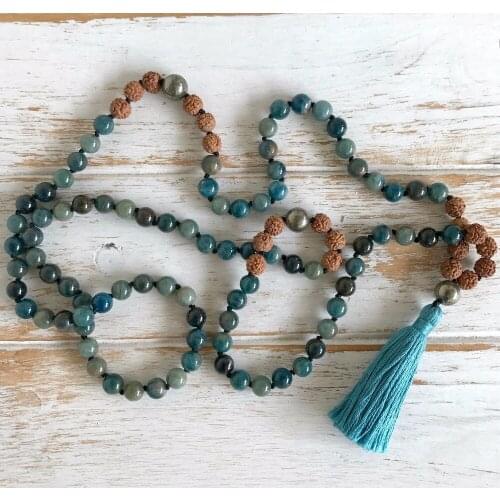 108 Mala Bead Necklace Natural Apatite Necklace Hand Knotted Yoga Jewelry Prayer Tassel Necklaces Meditation Necklaces Boho Mala