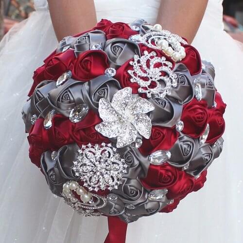 1Piece Best Selling Wine Red Artificial Flower Bridal Bouquets Crystal Pearls Bridesmaid Bridal Wedding Bouquets
