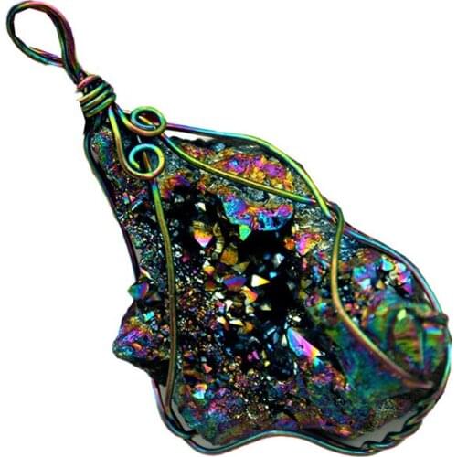 1PC Natural Rough Druzy Aurora borealis Color Electroplated Copper Wire Wrapped Plating Drusy With PU Cord Big Quartz Pendant