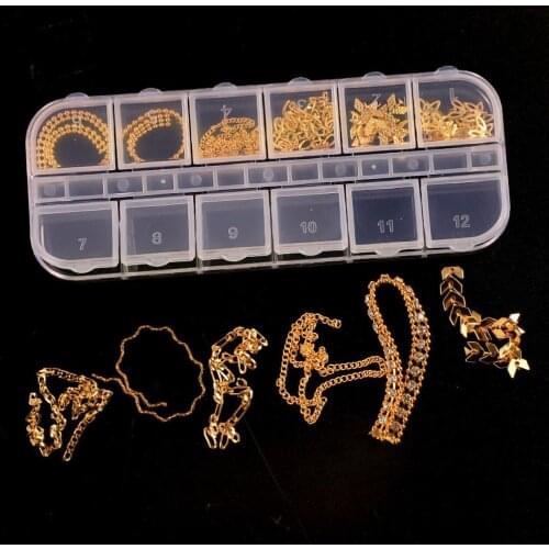 12 Grid/Box Beautiful Nail Ornament Chain DIY Creation Delicate Decorative Alloy Fingernail Art Ornament Chain for Personal Use