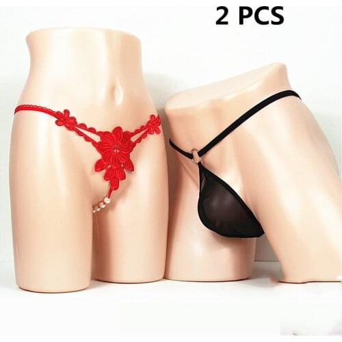2pcs/lot Elastic Sexy Panties Lace Mesh Pearl Thongs Sex Couple Passion Underwear G String Transparent Panties Set Body Jewelry