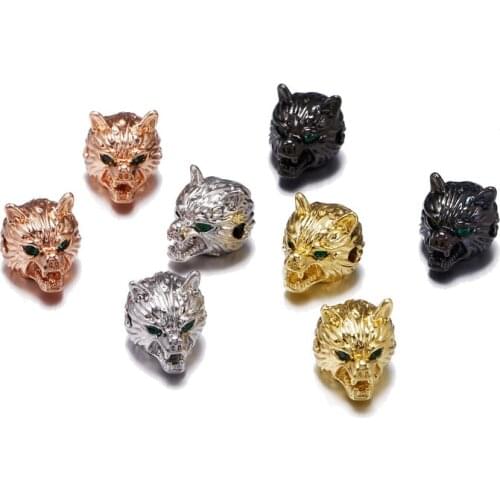 3pcs CZ Micro Pave Wolf Head Charms Beads Cubic Zirconia Spacer Gold Metal Beads for Jewelry Necklace Bracelet DIY Making