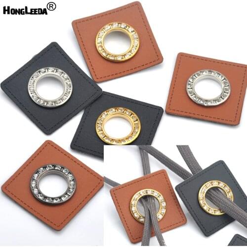 30pcs/lot 37mm square black/brown PU leather sew on Badges patch labels + 22mm metal brass glass rhinestone grommets eyelets