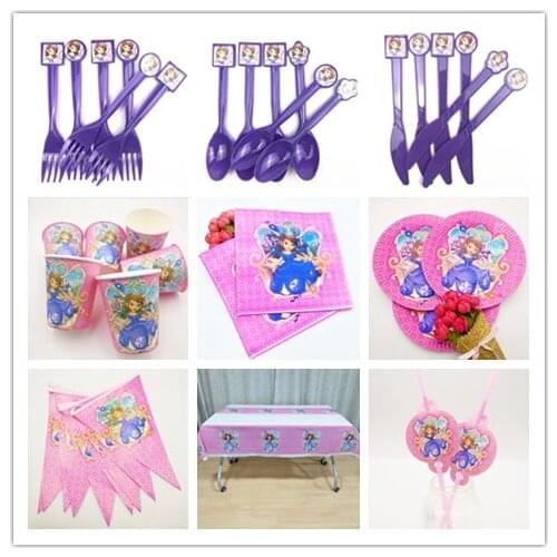 82pcs/set Sofia Princess Girls Party Supplies Tableware Plate Cup Flag Tablecloth Straw Napkin Birtday Party Decoration For Kid