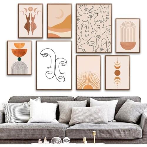Abstract Line Face Bohemia Sun Month Girl Sand Wall Art Print Canvas Painting Nordic Poster Wall Pictures For Living Room Decor