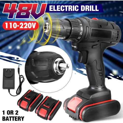 48V Cordless Electric Drill Screwdriver Set 2 Speed Wireless Power Driver Tools with 2 x 6000MAH Lithium Battery for Home Car