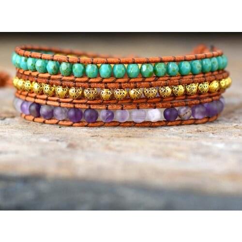 Bohemian Leather Wrap Bracelets W/ Amethysts Vintage Tibetan Beads Triple Bracelet Femme Boho Hippie Jewelry Wholesale