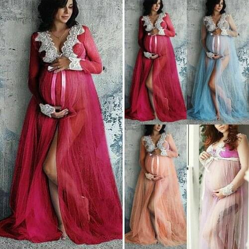 Plus size Pregnant Lace Robe Pajamas Long Maxi Gown Photography Maternity Dress