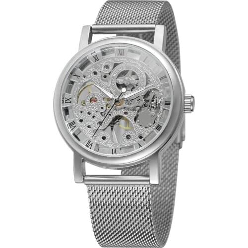 WINNER WATCH Trendy minimalist silver Roman numerals dial, luxurious low-key mens mesh with wrist mechanical watch